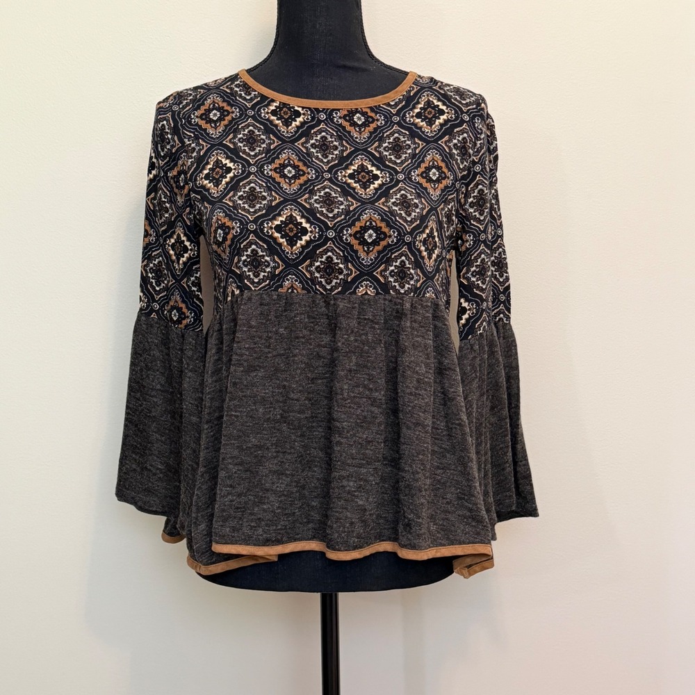 THML Womens XS Medallion Print Babydoll Bell Sleeve Charcoal Boho Gray Peasant